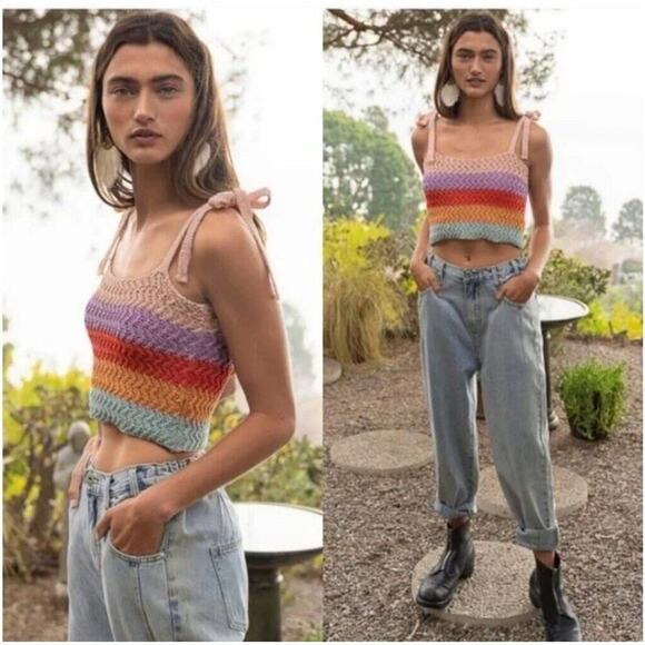 NWOT POL Tie-Shoulder Crochet Crop Top – Rainbow Stripes - Picture 5 of 9